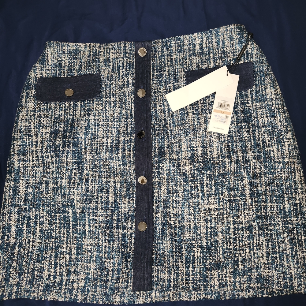 Calvin Klein Blue Tweed Button-Front Mini Skirt
